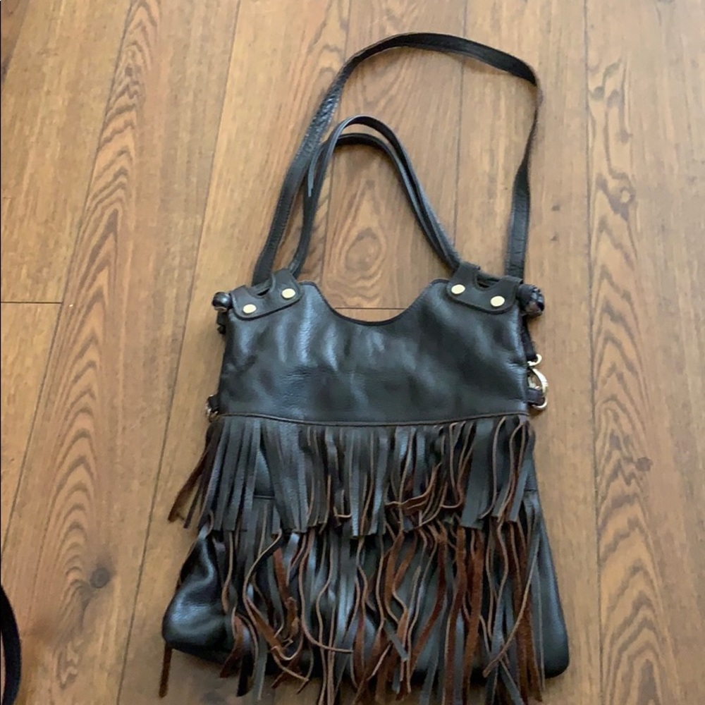 Genuine leather handbag with fringe